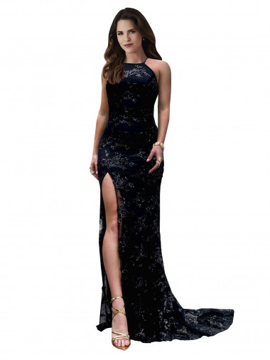 Cheap High Neckline Lace Open Back Prom Dress with High Slit Canada