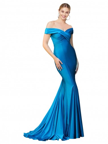 Cheap Off the Shoulder Long Chapel Train Satin Prom Dress Canada
