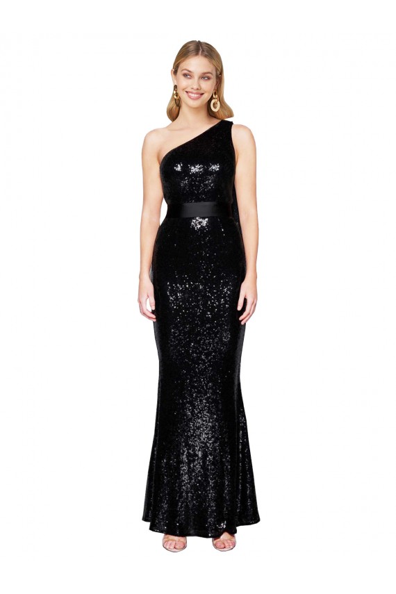 Draped One Shoulder Long Full Length Sequin Prom Dress