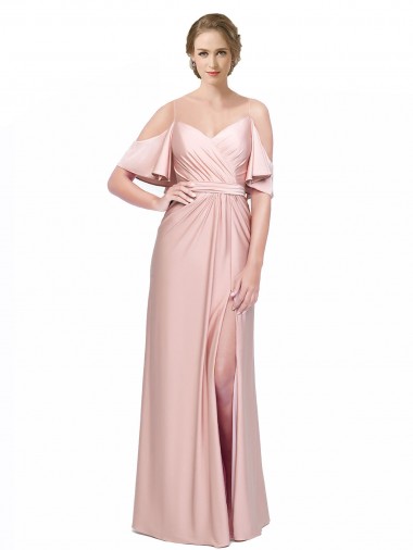Cheap Draped Cold Shoulder Sleeves Long Silky Satin Prom Dress with Slit and Tie Back Canada