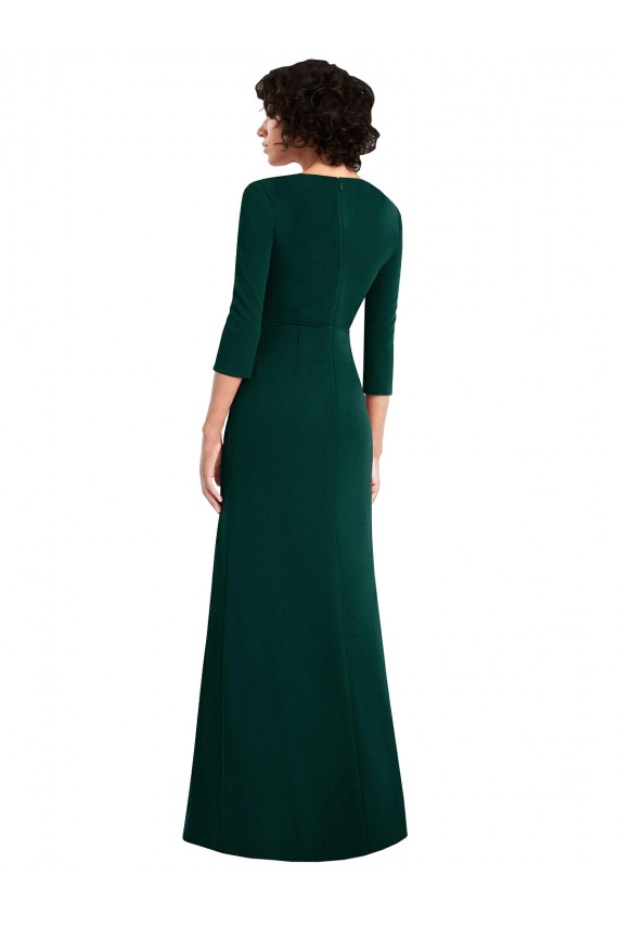 Floor Length 3/4 Sleeves V-Back Draped Wrap Maxi Spandex Prom Dress
