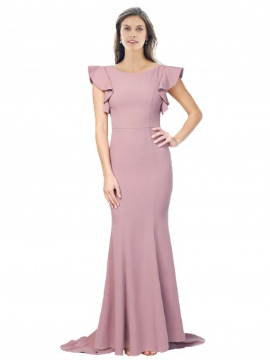 Cheap Flutter Sleeves Low V-Back High Round Neck Crepe Prom Dress Canada