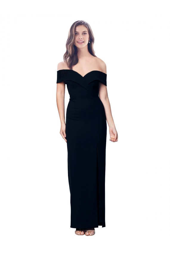 Off the Shoulder Long Full Length Crepe Prom Dress with Side Split
