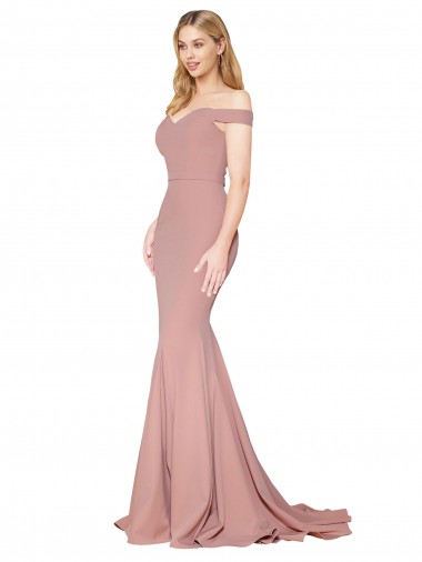 Cheap Off the Shoulder Sweetheart Long Sweep Train Crepe Prom Dress Canada