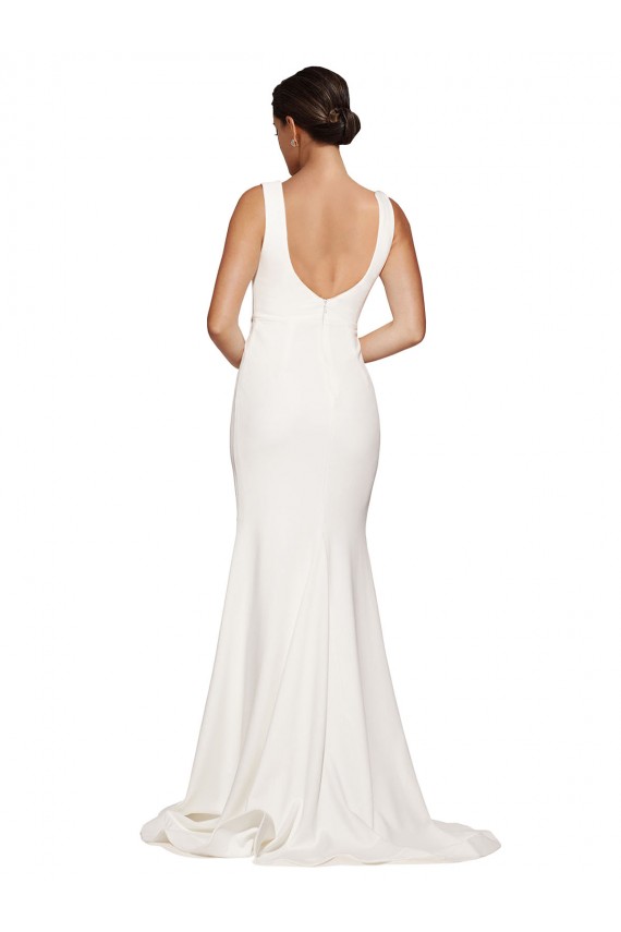 Square Neck Long Sheath Sweep Train Crepe Prom Dress 