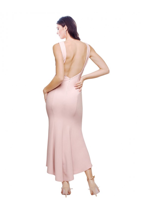 High Neck Low V-Back Midi Length Crepe Cocktail Dress / Prom Dress