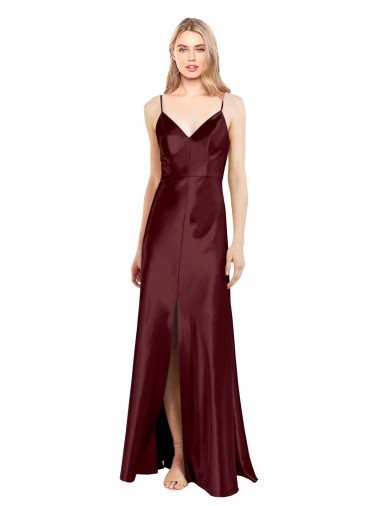 Cheap Sleek Spaghetti Straps V-Neck Stretch Satin Prom Dress with Center Front Slit Canada