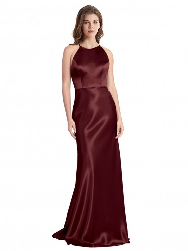 Cheap High Neck Halter Long Sleeveless Stretch Satin Prom Dress with Strappy Back Canada