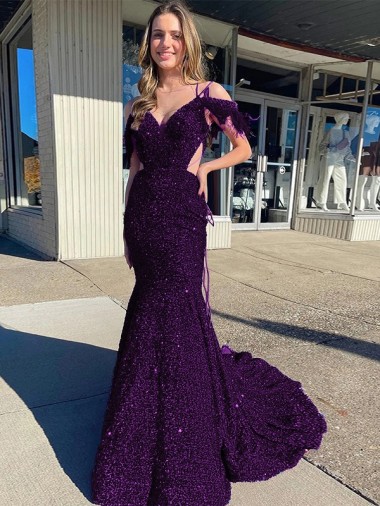 Cheap Cold Shoulder Sleeveless Long Court Train Velvet Sequin Prom Dress Canada