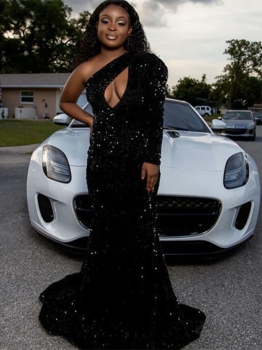 Cheap One Shoulder Long Sleeves Long Sweep Train Velvet Sequin Prom Dress Canada