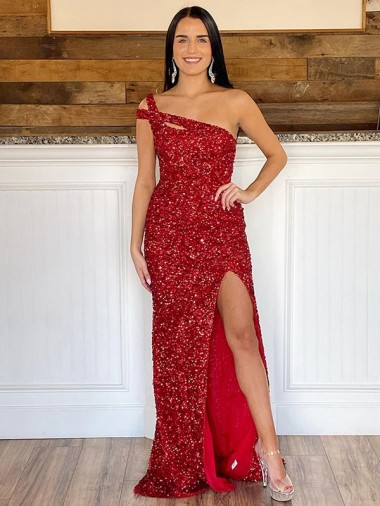 Cheap One Shoulder Sleeveless Long Sweep Train Velvet Sequin Prom Dress Canada
