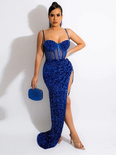 Cheap Long Sweep Train Spaghetti Straps Sleeveless Velvet Sequin Prom Dress with Slit Canada