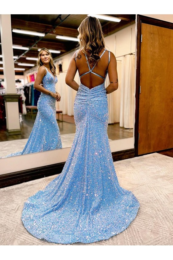Criss Cross Open Back V-Neck Sleeveless Long Velvet Sequin Prom Dress