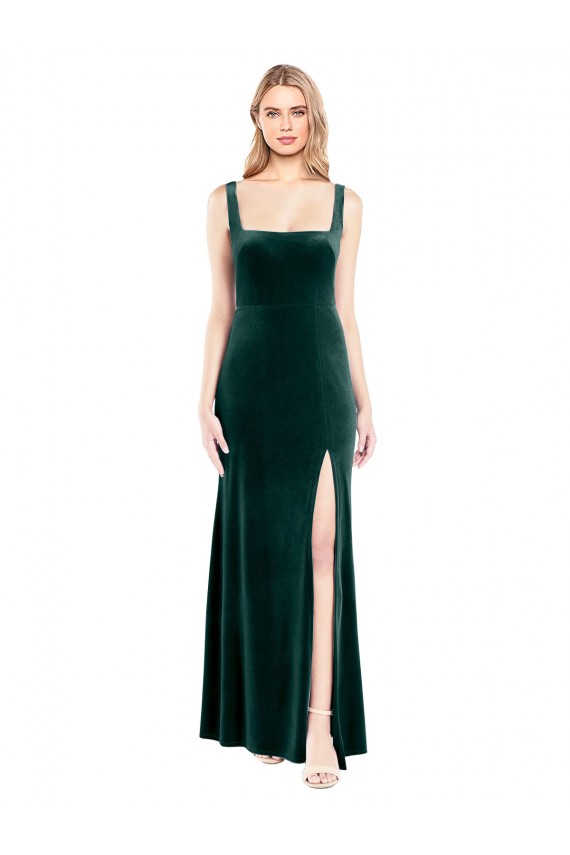 Square Neck Full Length Velvet Prom Dress with Side Slit
