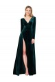 Deep V-Neck Long Sleeves Velvet Prom Dress with High Side Split