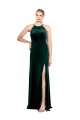 Long Jewel Neck Full Length Velvet Prom Dress with Side Slit