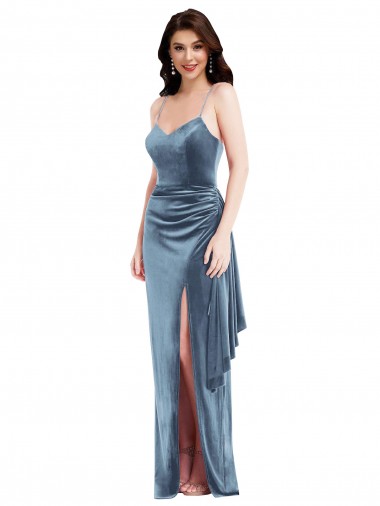 Cheap Spaghetti Strap Velvet Maxi Prom Dress with Draped Skirt Canada
